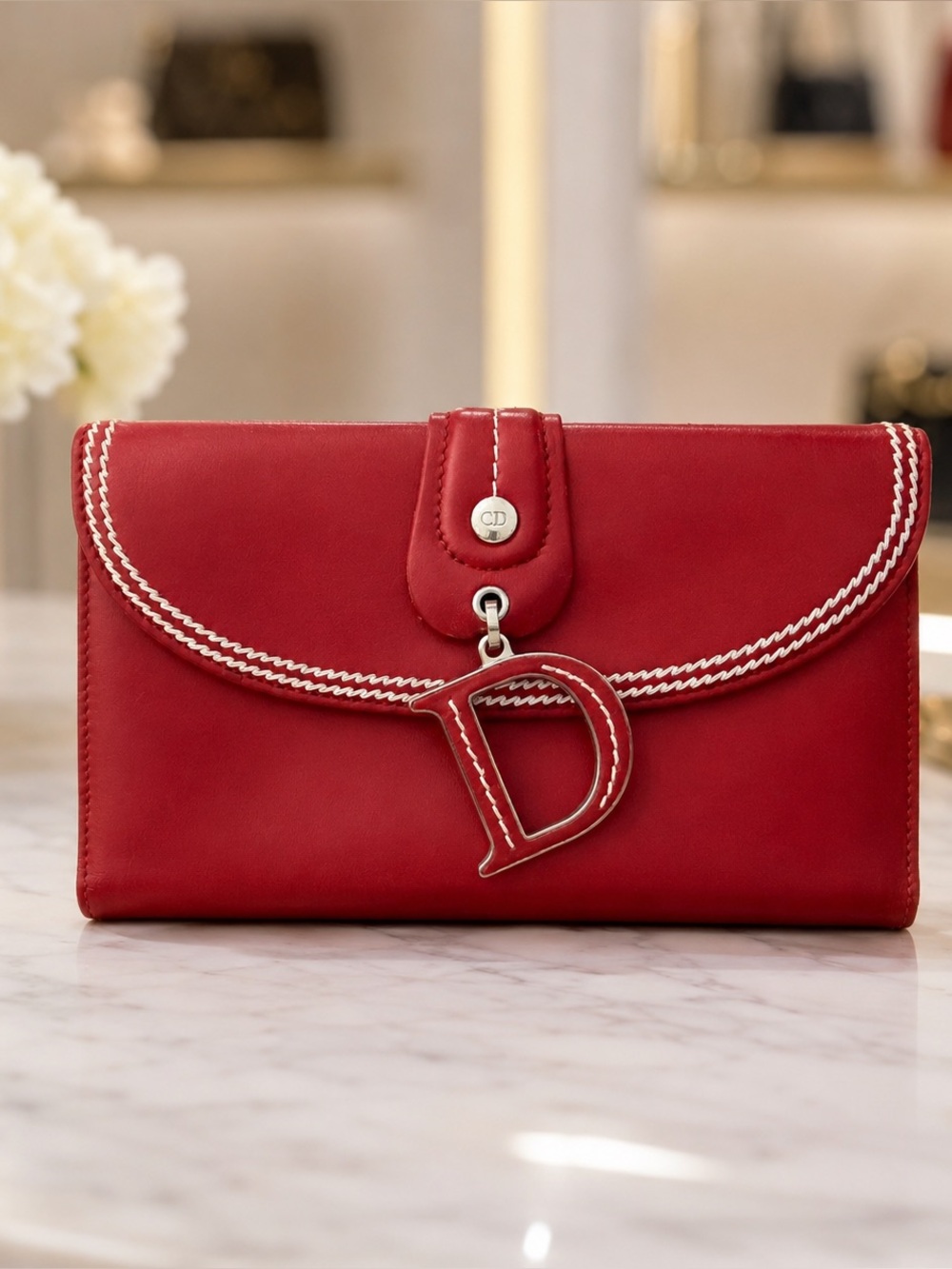 Christian Dior Red Leather Detective Flap Continental Bifold Long Wallet